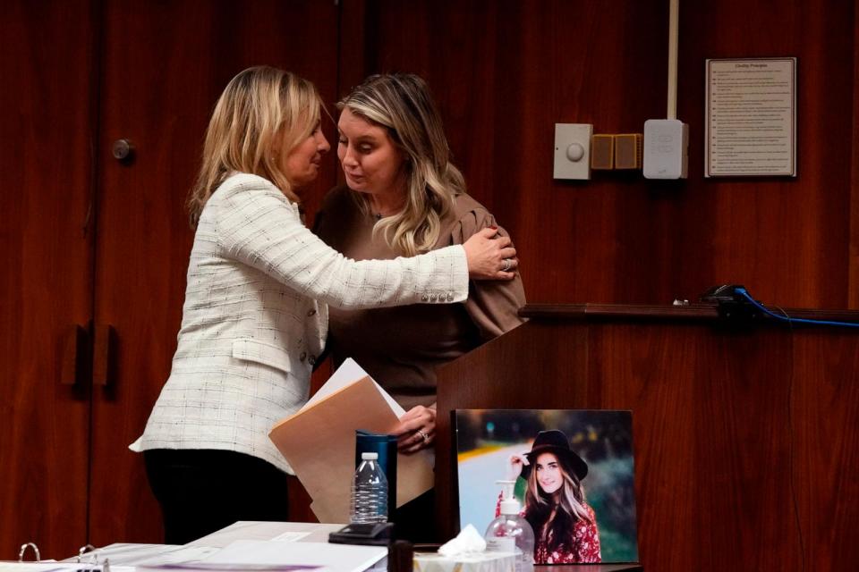 PHOTO: Oakland County prosecutor Karen McDonald hugs Nicole Beausoleil, mother of Madisyn Baldwin, after Nicole's victim impact statement, Dec. 8, 2023, in Pontiac, Mich.  (Carlos Osorio/AP)