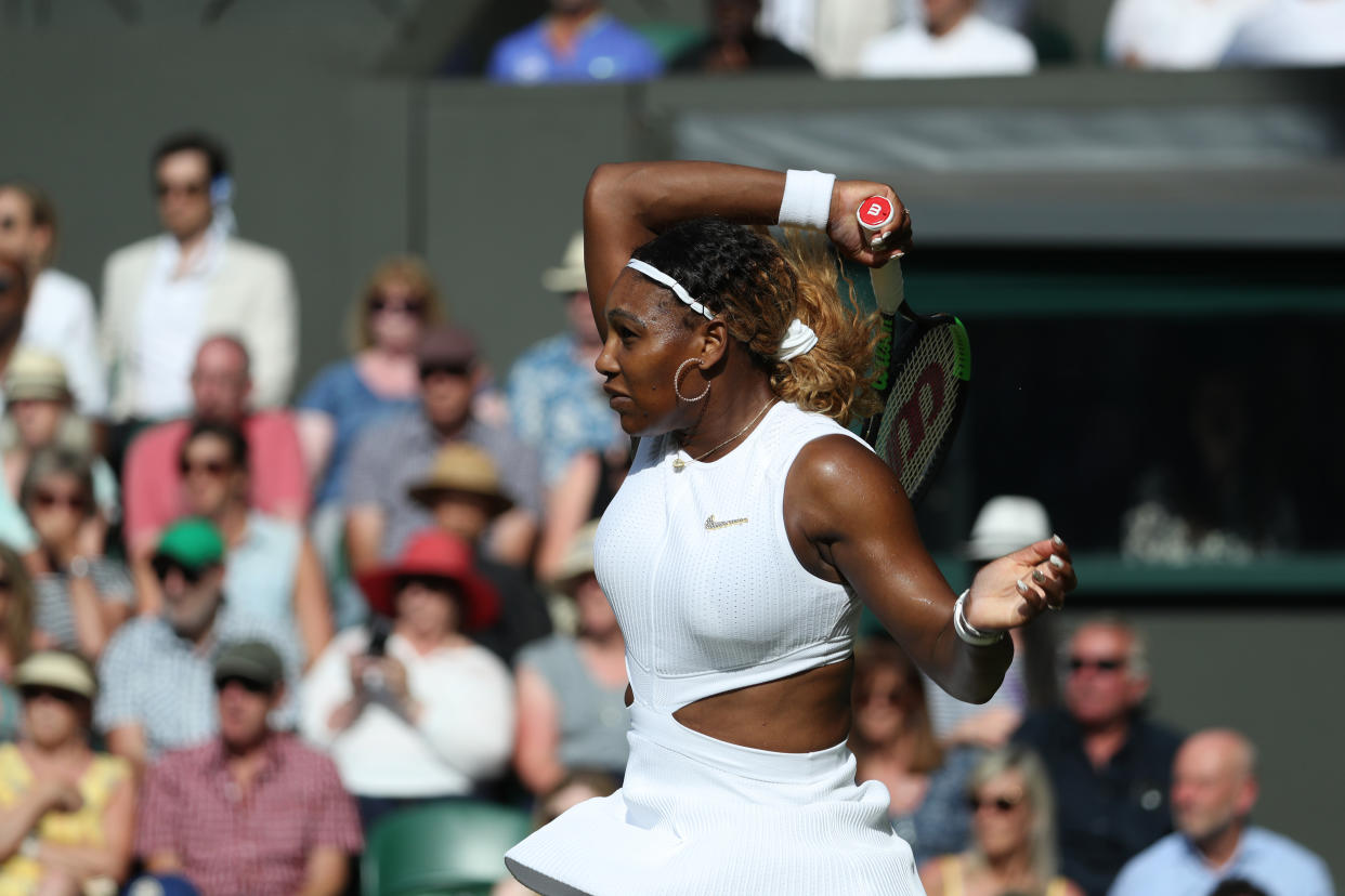 2nd July 2019, The All England Lawn Tennis and Croquet Club, Wimbledon, England, Wimbledon Tennis Tournament, Day 2; Serena Williams returns serve (Photo by Shaun Brooks/Action Plus via Getty Images)