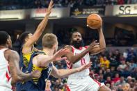 Nov 12, 2017; Indianapolis, IN, USA; Houston Rockets guard James Harden (13) passes the ball while Indiana Pacers players defend in the first half of the game at Bankers Life Fieldhouse. Trevor Ruszkowski-USA TODAY Sports