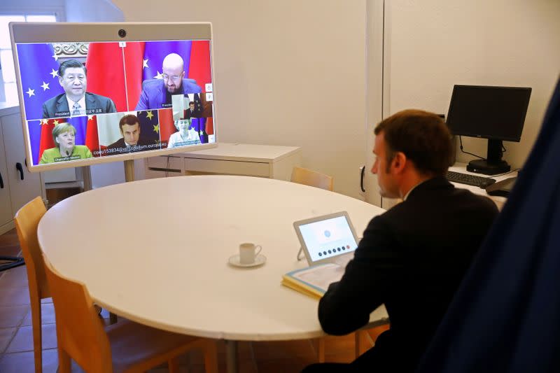 French President Emmanuel Macron attends an EU-China video-conference