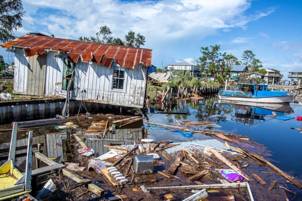 Damaged buildings after Hurricane Idalia made landfall, in the town of Horseshoe Beach, Florida, USA, 31 August 2023. Hurricane Idalia maked landfall in Florida as a Category 3 storm with winds of 125 mph (EPA)