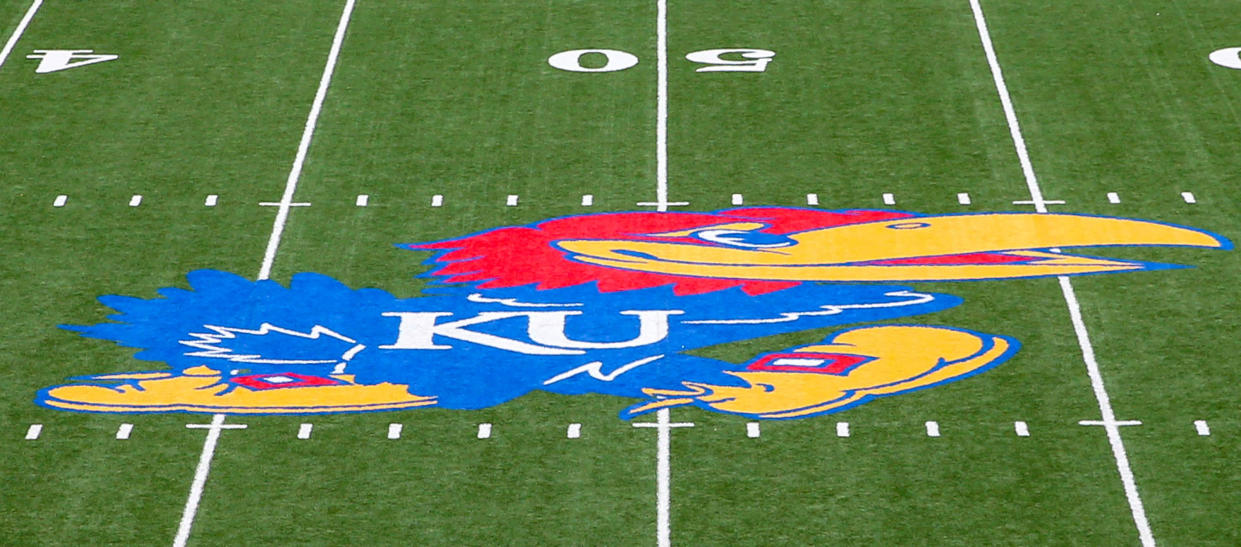 The Kansas Jayhawks logo seen on a football field. (Steve Nurenberg/Icon Sportswire via Getty Images)