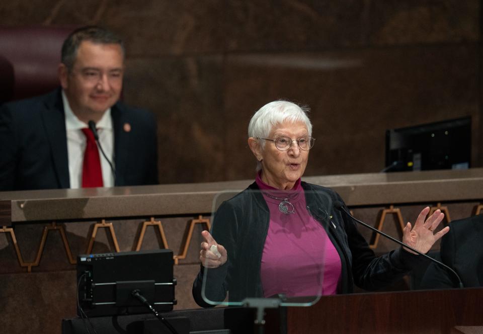 Holocaust survivor Hanna Zack Miley speaks during the opening day ceremony in the Arizona House of Representatives on Jan. 9, 2023, in Phoenix.