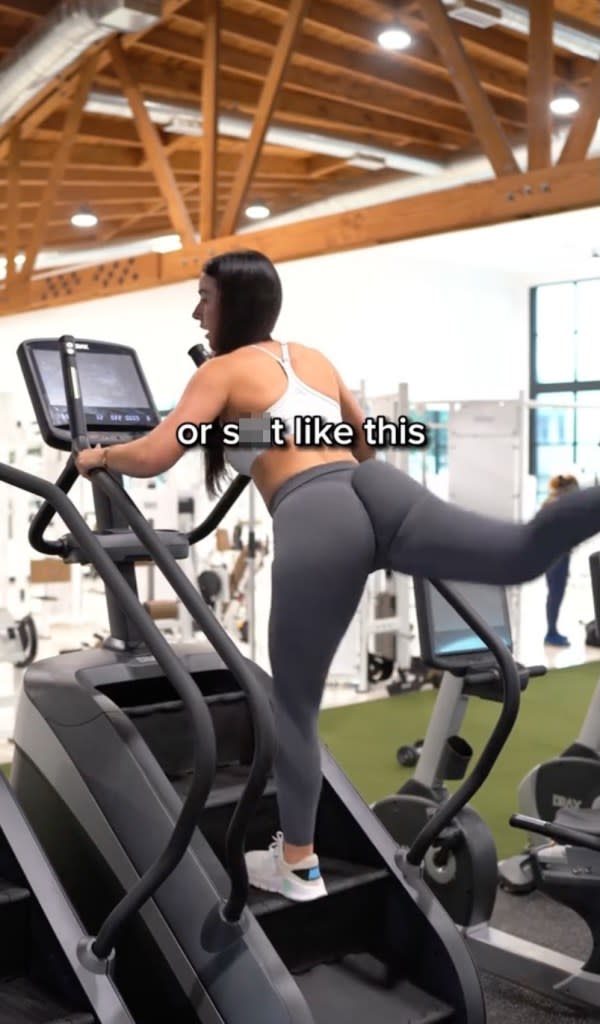 She also showed herself walking on the stair climber while kicking her legs back with each step, claiming the moves don’t help grow your butt muscles. TikTok/@thefitmamalife