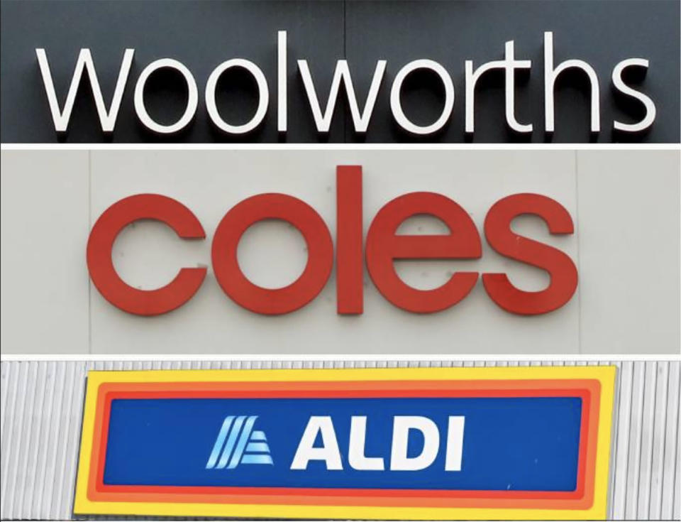 Woolworths, Coles, Aldi supermarket signs