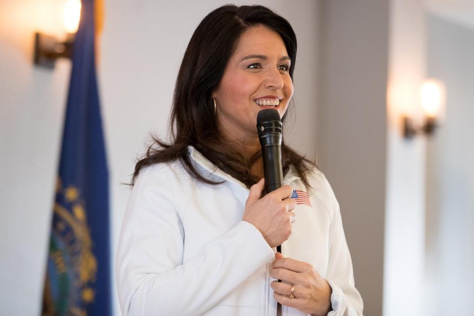 Democratic presidential candidate Rep. Tulsi Gabbard (D-HI) speaks during a campaign event on February 9, 2020 in Portsmouth, New Hampshire. The first in the nation primary is on Tuesday, February 11.