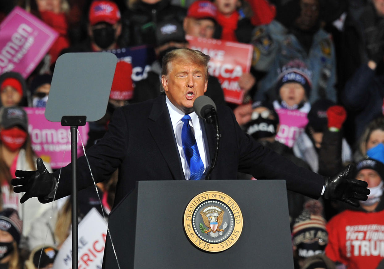 US President Donald Trump speaks during a campaign rally on October 27, 2020 in Omaha, Nebraska.  With the presidential election one week away, candidates of both parties are attempting to secure their standings in important swing states. (Steve Pope/Getty Images)