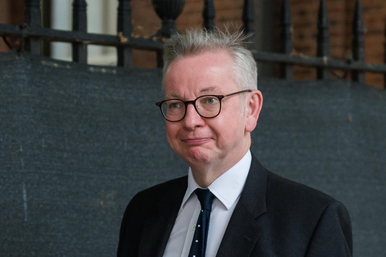 LONDON, UNITED KINGDOM - JUNE 14, 2021: Chancellor of the Duchy of Lancaster Michael Gove leaves Downing Street on June 14, 2021 in London, England. British Prime Minister Boris Johnson expected to announce today a delay of up to four weeks to lifting of Englands Covid-19 restrictions in an effort to tackle the rise of infections caused by the Delta variant of the coronavirus, which now accounts for more than 90% of new cases in the UK. (Photo credit should read Wiktor Szymanowicz/Barcroft Media via Getty Images)