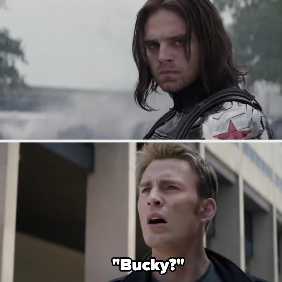 Bucky turns with his mask off and Steve says "Bucky?"