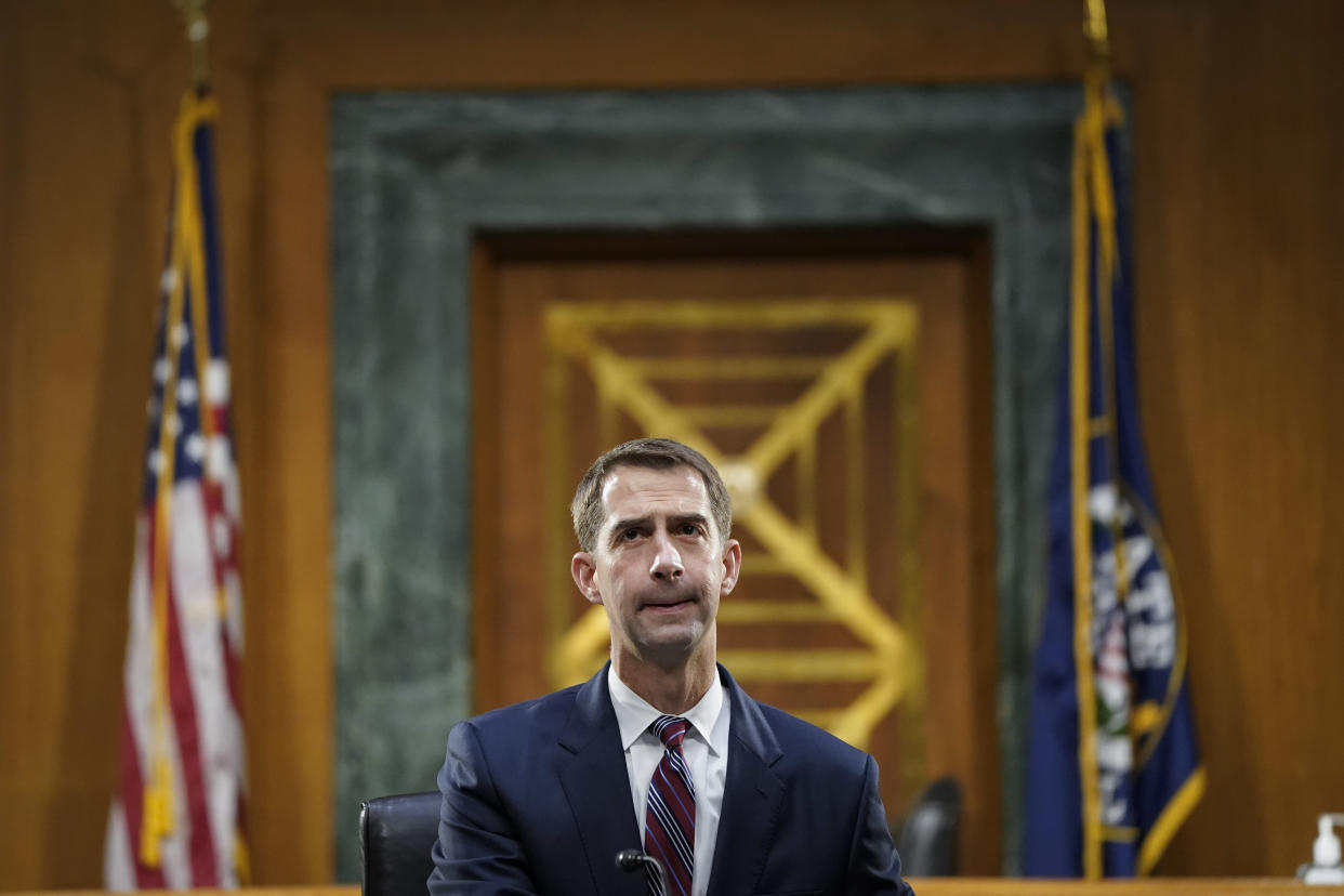 Senator Tom Cotton, a Republican from Arkansas, speaks during a Senate Banking, Housing and Urban Affairs Committee hearing in Washington, D.C., U.S., on Thursday, Sept 24, 2020. (Drew Angerer/Getty Images/Bloomberg via Getty images)