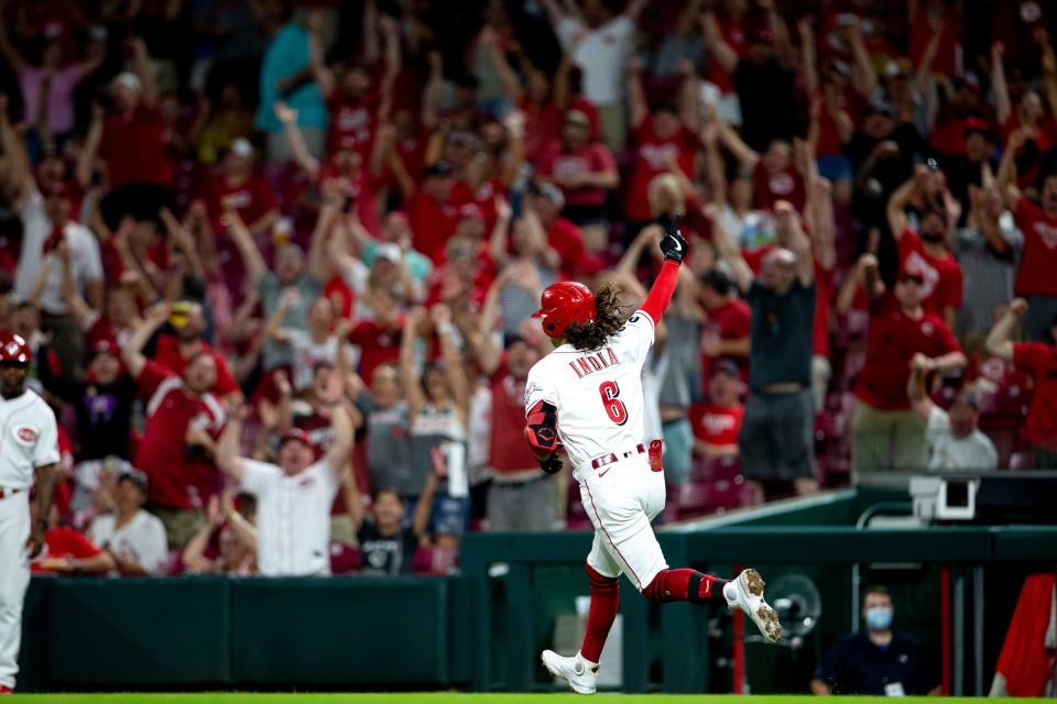 Cincinnati Reds third baseman Jonathan India (6) rounds first after hitting a home run to tie the game in the eighth inning of the MLB baseball game between Cincinnati Reds and Milwaukee Brewers on Saturday, July 17, 2021, at Great American Ball Park.  