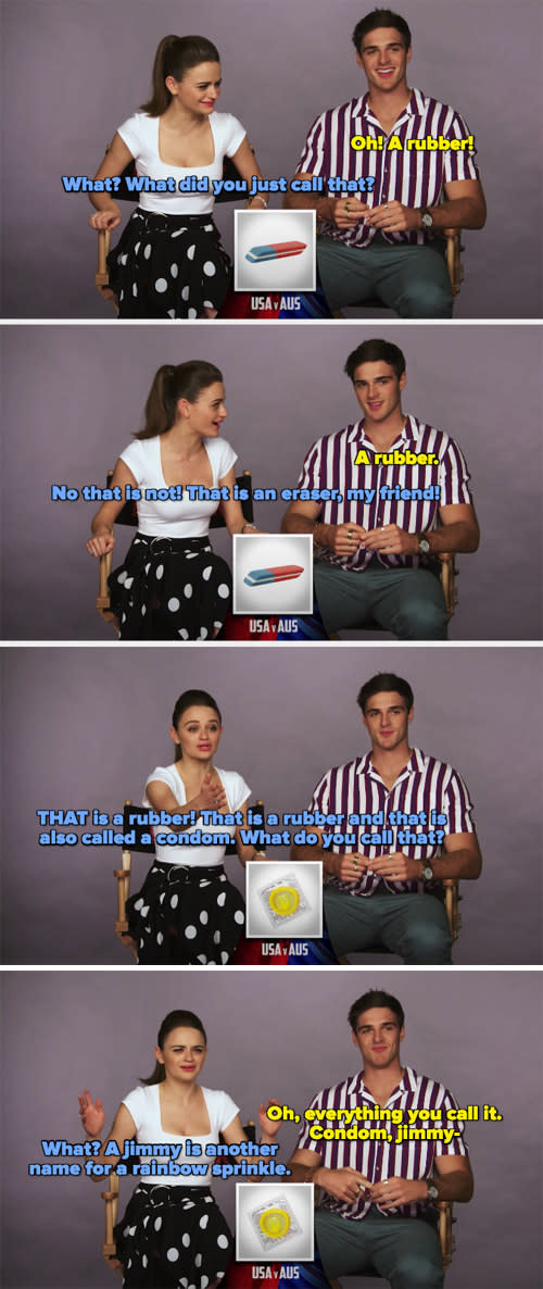 Jacob calling an eraser a rubber, Joey freaking out, and Joey explaining a condom is a rubber. Jacob explaining a condom is also called a jimmy, and Joey freaking out again and saying a jimmy is another name for a rainbow sprinkle.