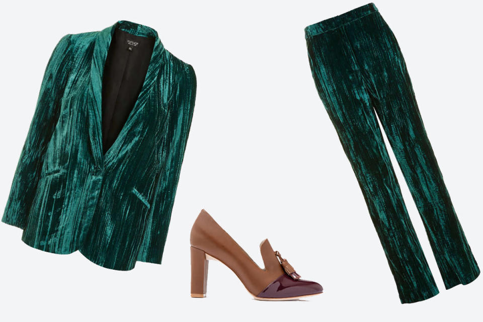 <p><b><a href="http://www.topshop.com/en/tsuk/product/crinkle-velvet-blazer-5811628?bi=0&ps=20&Ntt=velvet" rel="nofollow noopener" target="_blank" data-ylk="slk:Blazer;elm:context_link;itc:0;sec:content-canvas" class="link ">Blazer</a> and <a href="http://www.topshop.com/en/tsuk/product/velvet-crushed-trouser-5862245?bi=0&ps=20&Ntt=velvet" rel="nofollow noopener" target="_blank" data-ylk="slk:Trousers;elm:context_link;itc:0;sec:content-canvas" class="link ">Trousers</a>: Both Topshop, <a href="http://www.boden.co.uk/en-gb/womens-shoes-boots/heels/ar789-bur/womens-dark-burgundy-patent_tan-lottie-tassel-heel?cm_mmc=PLA-_-Google-_-Shopping-_-Product&istCompanyId=a40e1fa1-0635-4a1b-8d9a-2caa763eeee2&istItemId=xxtqtlrmiq&istBid=xzqt&gclid=CL26mJTY884CFYOfGwod9Z0DmQ" rel="nofollow noopener" target="_blank" data-ylk="slk:Shoes;elm:context_link;itc:0;sec:content-canvas" class="link ">Shoes</a>: Boden</b></p>