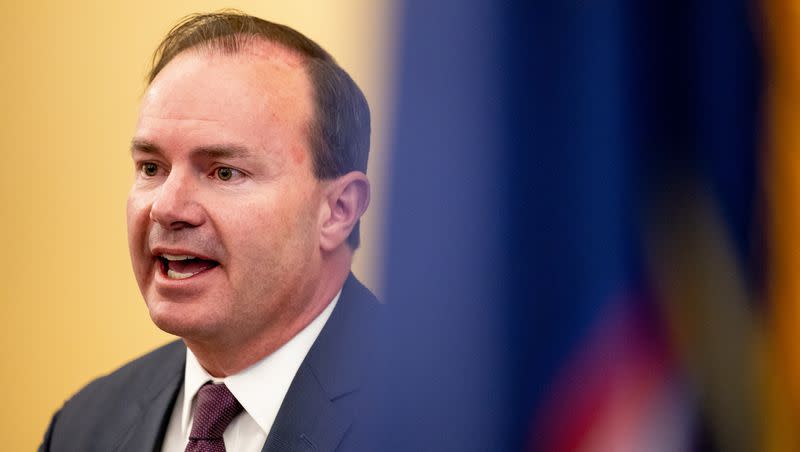 Sen. Mike Lee, R-Utah, is pictured at the state Capitol in Salt Lake City on Friday, April 14, 2023. Lee is among a group of GOP lawmakers concerned over the Biden administration’s “unrestrained” aid to Ukraine.