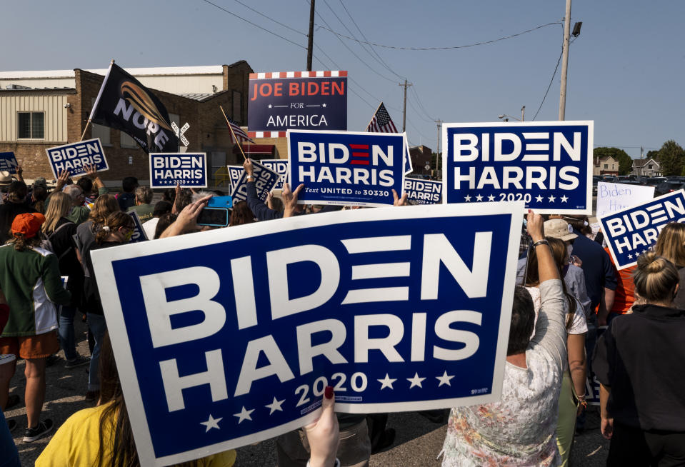 MANITOWOC, WI - SEPTEMBER 21: Supporters of Democratic presidential nominee and former Vice President Joe Biden rally outside the Wisconsin Aluminum Foundry on September 21, 2020 in Manitowoc, Wisconsin. Biden spoke at the foundry during his second campaign stop in Wisconsin this month. (Photo by Stephen Maturen/Getty Images)