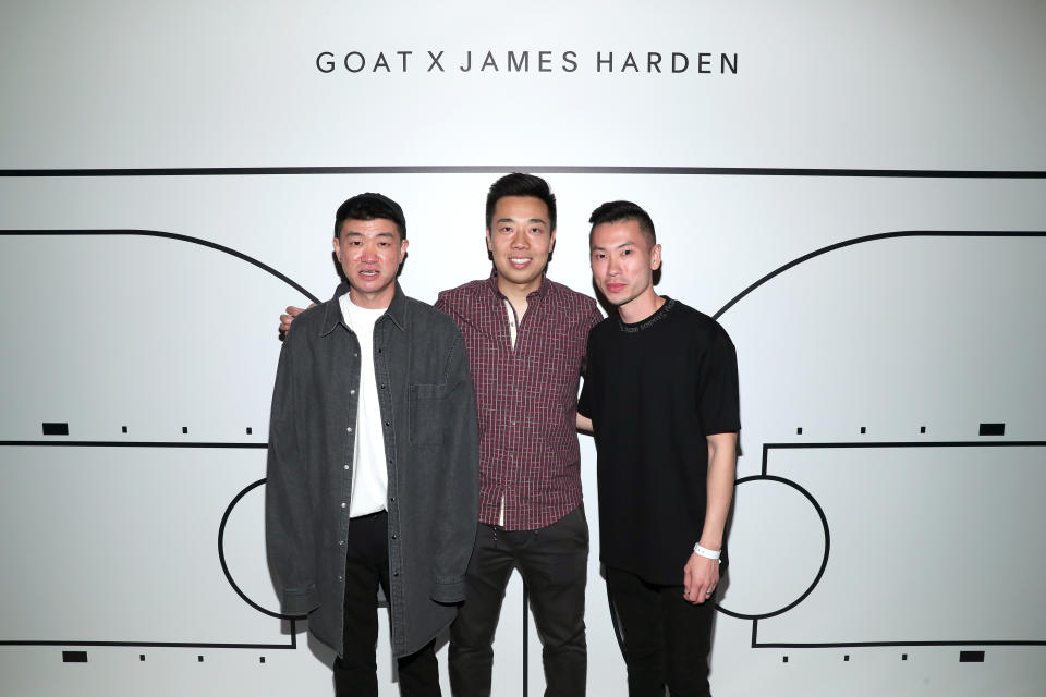 LOS ANGELES, CA - FEBRUARY 17:  (L-R) GOAT CPO Daishin Sugano, GOAT CEO Eddy Lu, and GOAT VP of Marketing Sen Sugano attend GOAT and James Harden Celebrate NBA All-Star Weekend 2018 at Poppy on February 17, 2018 in Los Angeles, California.  (Photo by Rich Polk/Getty Images for GOAT)