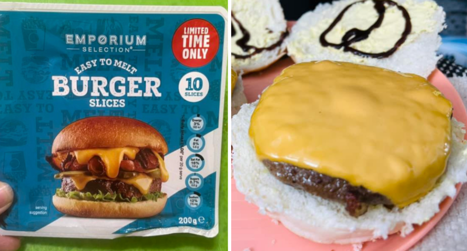 Packed of the Aldi Easy to Melt Burger slices (left) and the cheese on a burger (right)>