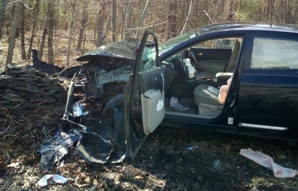 A driver has crashed and wrote off her car after she spotted a spider and panicked, causing her to lose control, police say. Source: Town of Cairo New York Police Department/ Facebook