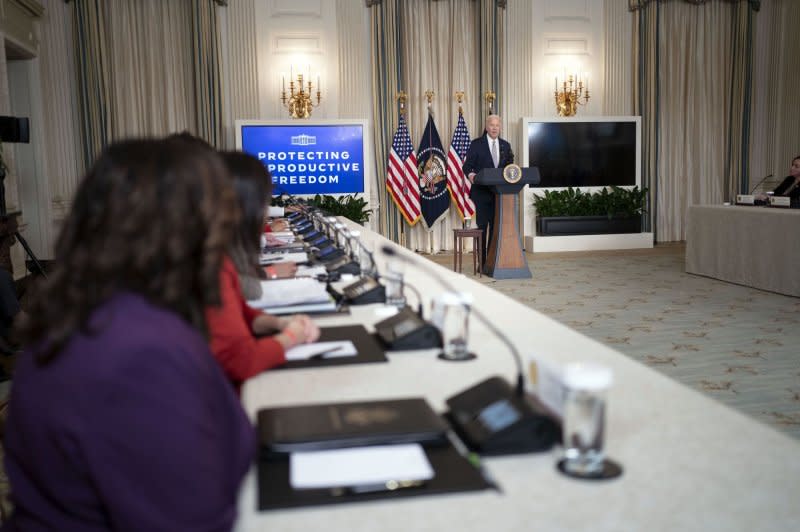 President Joe Biden speaks before a meeting with his Task Force on Reproductive Healthcare Access to mark the 51st anniversary of the Roe vs. Wade decision in the State Dining Room of the White House in Washington, D.C., on Monday. Photo by Bonnie Cash/UPI