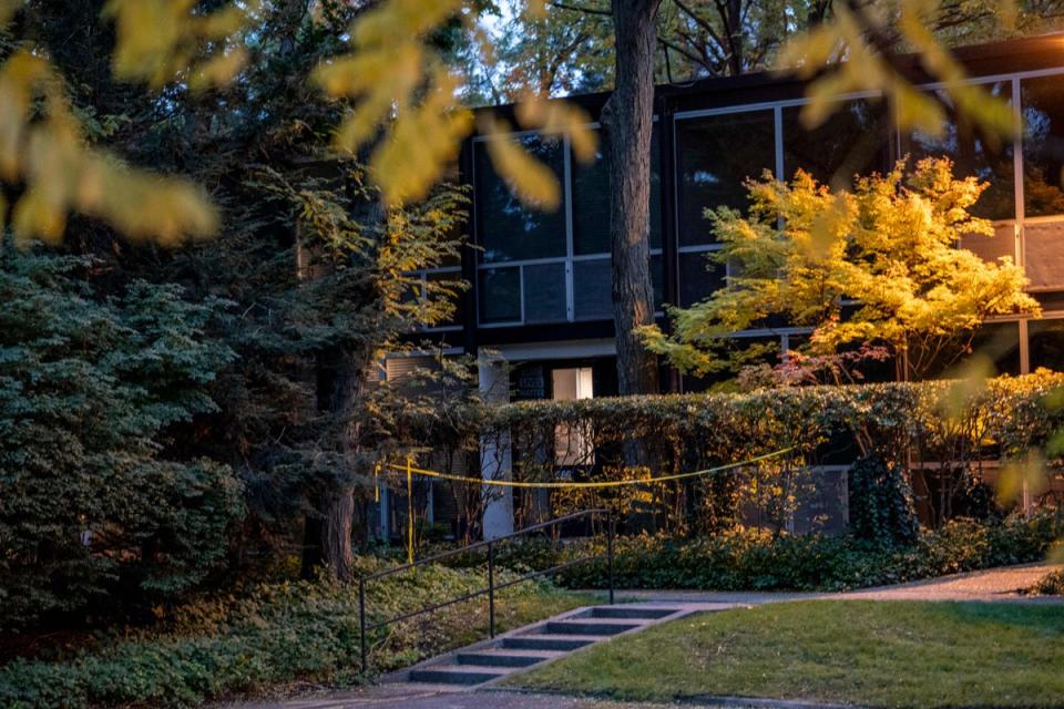 Police tape blocks access near the scene where Isaac Agree Downtown Synagogue president, Samantha Woll, was found dead in Detroit, October 21, 2023. (AFP via Getty Images)