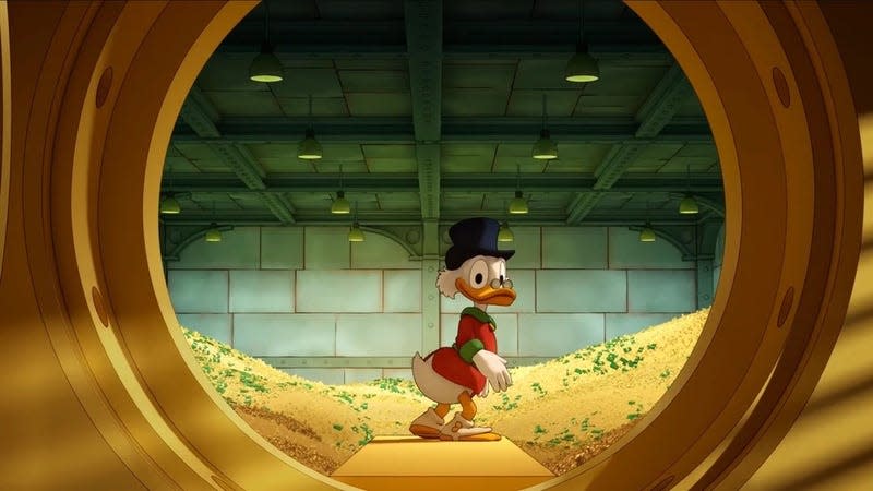 Scrooge McDuck stands in front of the open vault of his money bin, beckoning sinisterly.