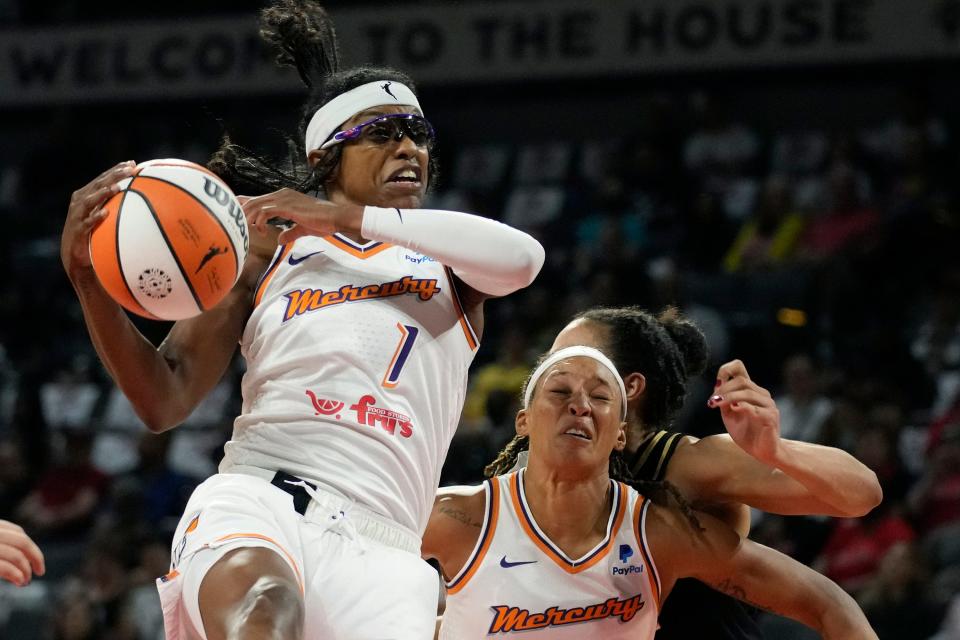 Phoenix Mercury guard Diamond DeShields (1) grabs a rebound against the Las Vegas Aces during the first half in Game 1 of a WNBA basketball first-round playoff series Wednesday, Aug. 17, 2022, in Las Vegas.