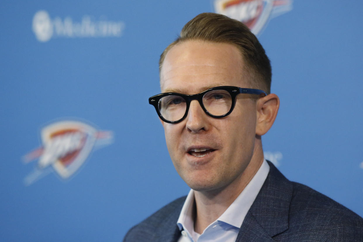 Oklahoma City Thunder general manager Sam Presti speaks to the media during a news conference in Oklahoma City, after a whirlwind summer that saw the team trade stars Paul George and Russell Westbrook, Thursday, July 25, 2019. (AP Photo/Sue Ogrocki)