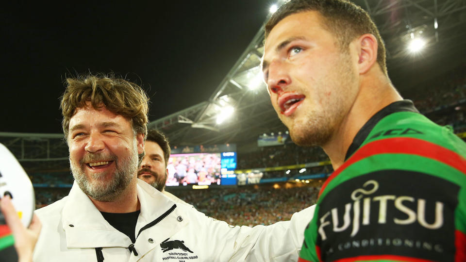 Russell Crowe and Sam Burgess, pictured here after the 2014 NRL Grand Final.