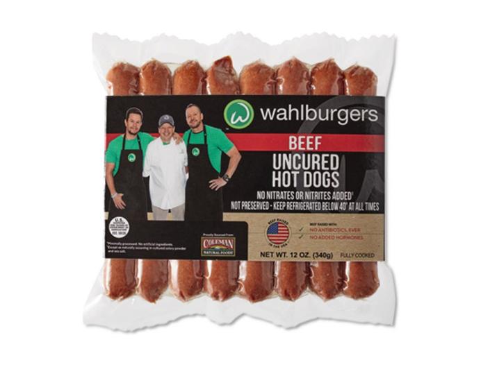 black and clear packaging of Wahlburgers hotdogs from Aldi
