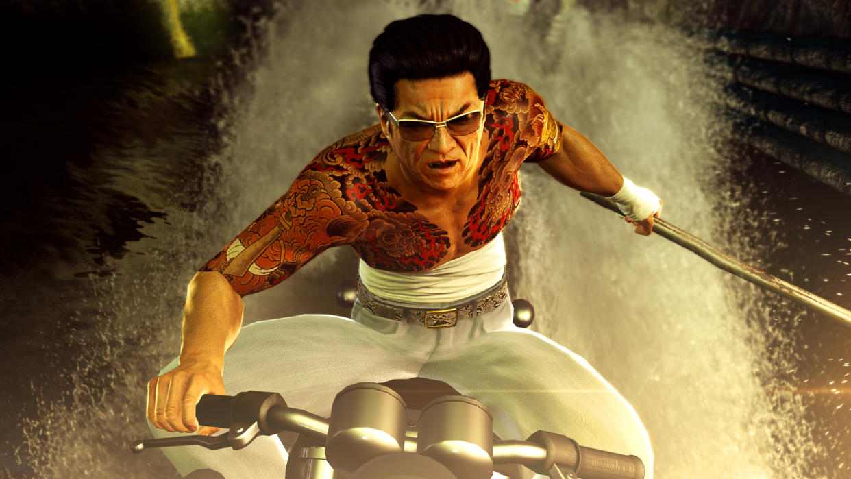  Kuze shirtless riding motorcycle holding baseball bat 