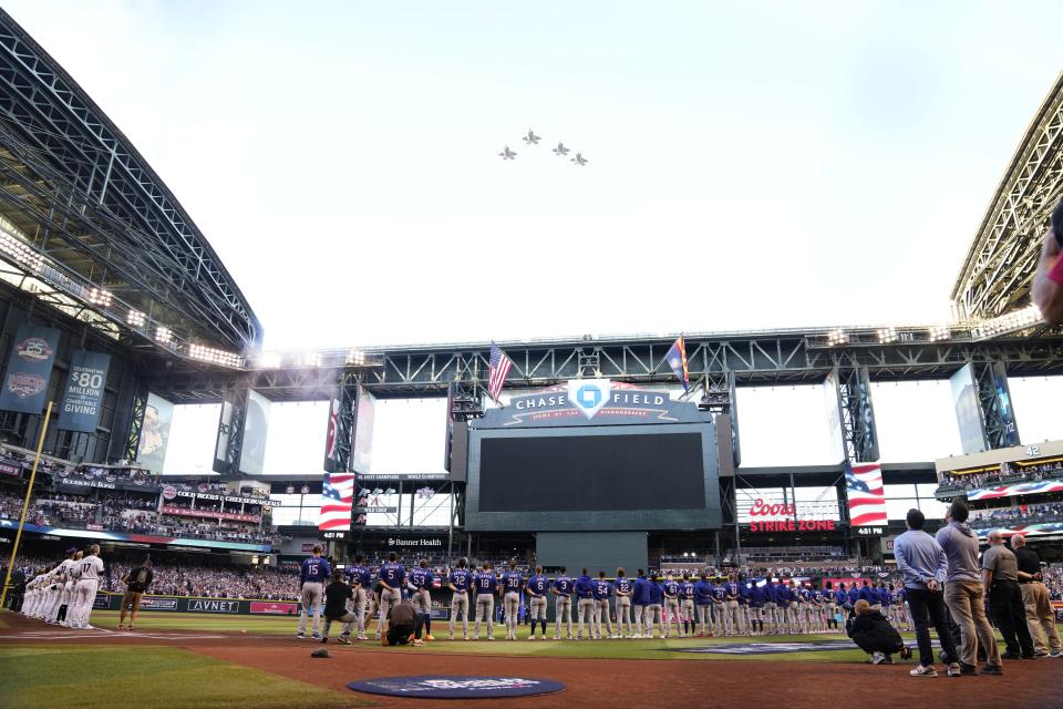 A view of the flyover before Game 3 of the World Series at Chase Field.