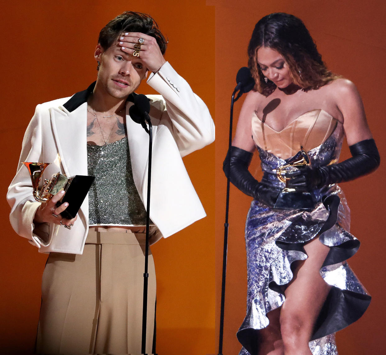 Harry Styles, holding his award for Album of the Year, claps his hand to his forehead in a daze, and Beyoncé, in a separate photo, receiving one of her awards, looks humbly to the floor.