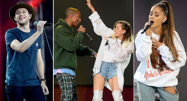 Niall Horan, Pharrell Williams and Ariana Grande on the stage