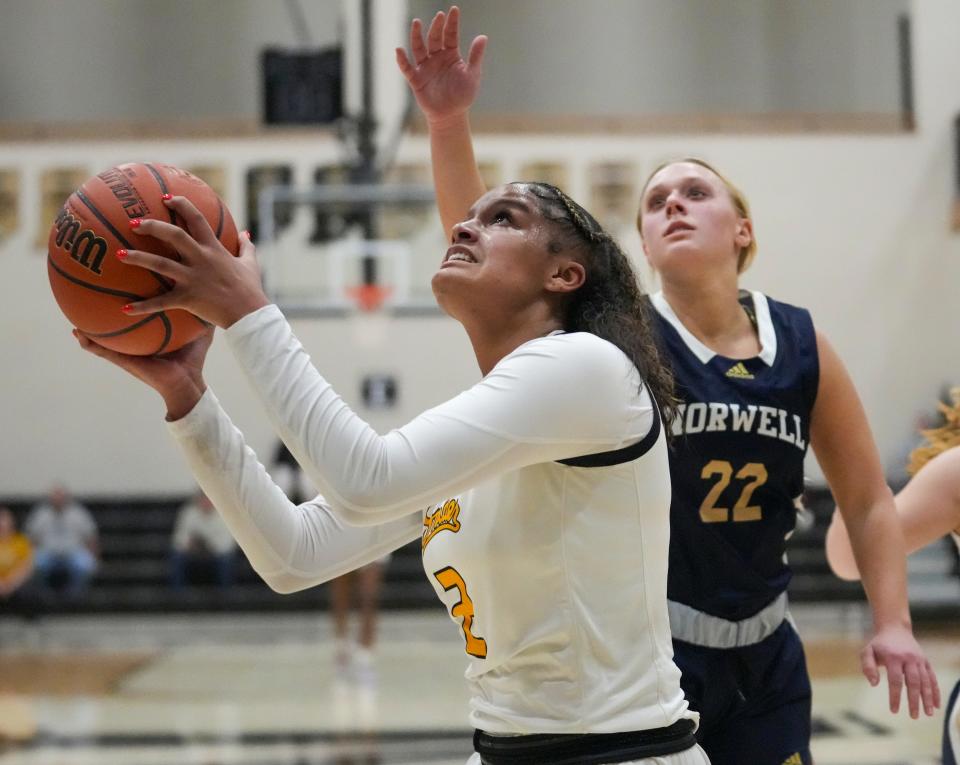 Fort Wayne Snider High School's Johnea Donahue (2) grabs a rebound during action against Norwell High School's Annabelle Johnson at Noblesville High School, Dec 28, 2023. Ft. Wayne Snyder won 65-50.