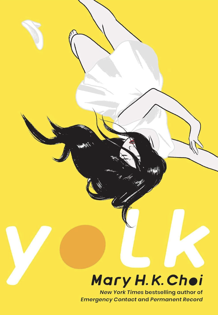 Book cover of "Yolk" by Mary H. K. Choi, featuring an illustration of a person in mid-air, legs up, with the title in bold white and yellow letters