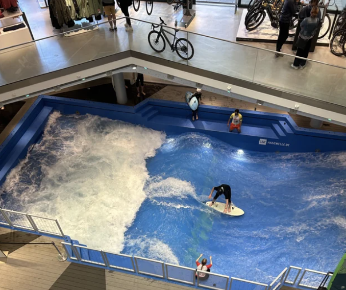 Indoor wave pool with multiple surfers practicing on artificial waves. Overhead view. No names available