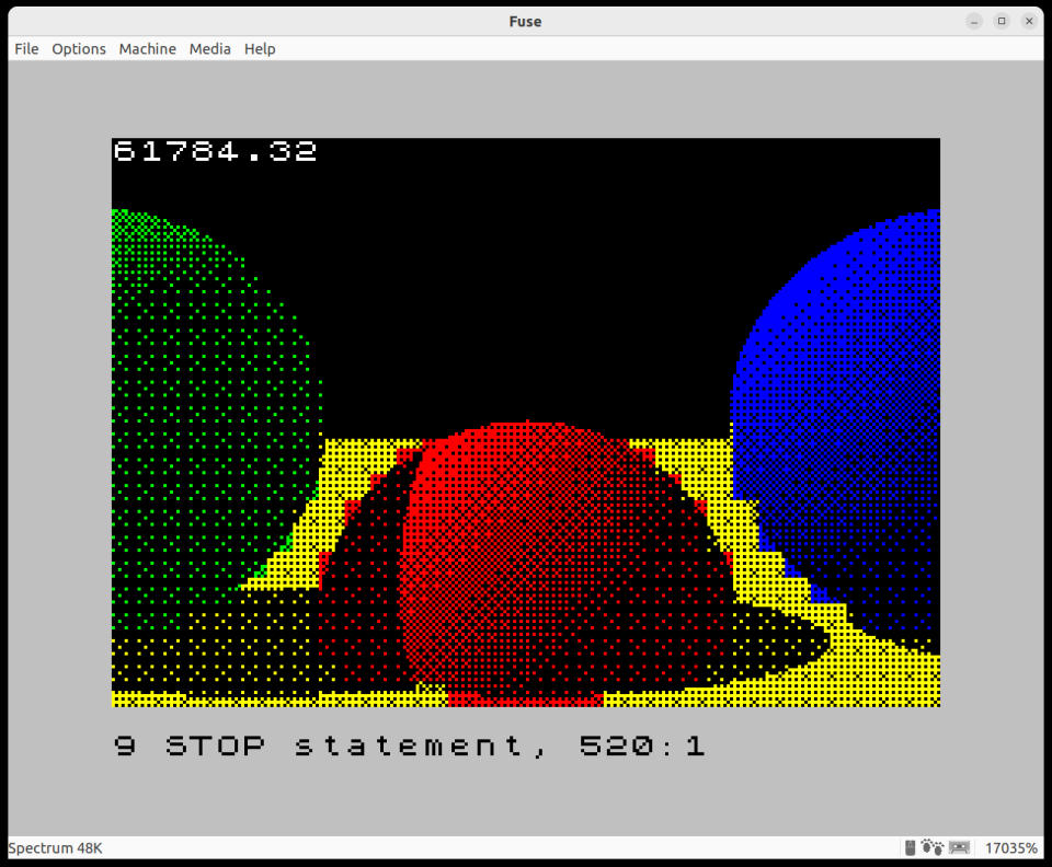 A ray-traced image on the ZX Spectrum with ray-traced shadow effects.