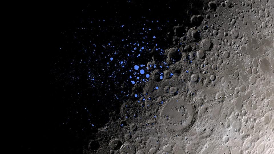 Some dark craters on the Moon, indicated here in blue, never get light. Scientists think some of these permanently shadowed regions could contain ice. <a href="https://moon.nasa.gov/resources/97/the-moons-permanently-shadowed-regions/" rel="nofollow noopener" target="_blank" data-ylk="slk:NASA's Goddard Space Flight Center;elm:context_link;itc:0;sec:content-canvas" class="link ">NASA's Goddard Space Flight Center</a>