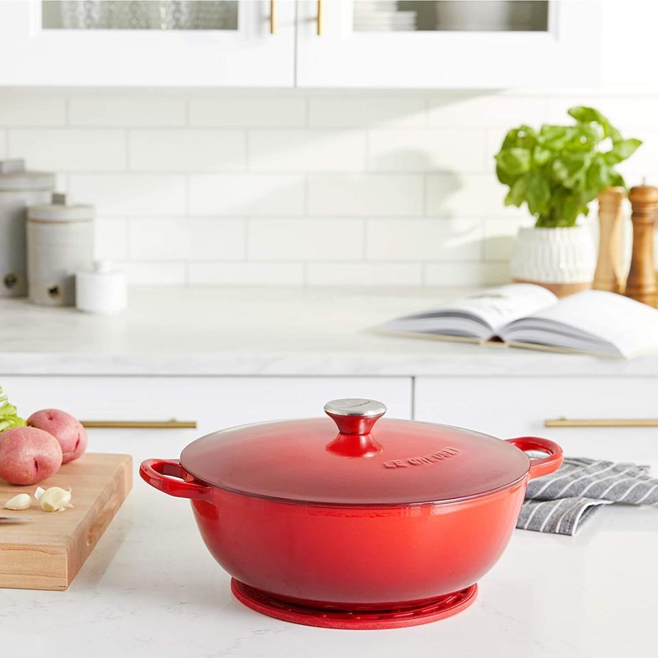 Yes, you can get <a href="https://amzn.to/33Y4xvb" target="_blank" rel="noopener noreferrer">Le Creuset's colorful cookware</a> at Amazon, too. This is definitely a Prime Day deal worth knowing about. This enameled chef's oven can keep heat in and it comes with a matching trivet that'll be helpful when you serve dinner. <a href="https://amzn.to/3nSw5Kc" target="_blank" rel="noopener noreferrer">Originally $316, get it now for $180 at Amazon</a>.