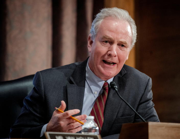 Sen. Chris Van Hollen, D-Md.,  questions a witness during a Senate Banking, Housing and Urban Affairs hearing in  2022.