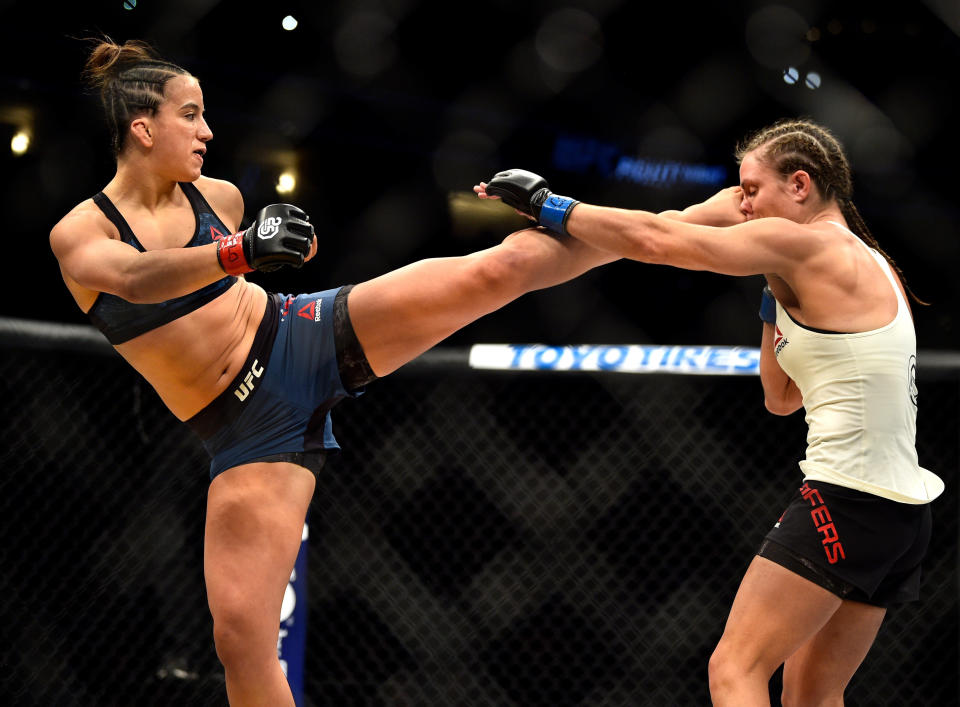 DENVER, CO - NOVEMBER 10:  (L-R) Maycee Barber kicks Hannah Cifers in their women's strawweight bout during the UFC Fight Night event inside Pepsi Center on November 10, 2018 in Denver, Colorado. (Photo by Chris Unger/Zuffa LLC/Zuffa LLC via Getty Images)