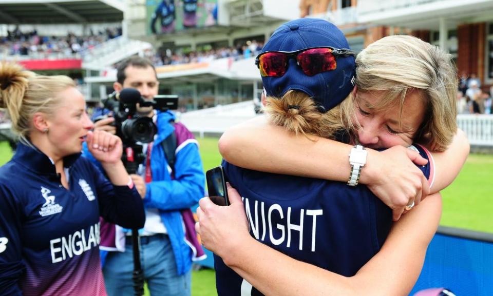 Clare Connor hugs Heather Knight