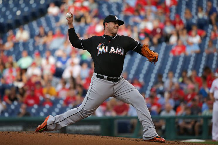 PHILADELPHIA, PA - JULY 18: Starting pitcher Jose Fernandez #16 of the Miami Marlins throws a pitch in the first inning during a game against the Philadelphia Phillies at Citizens Bank Park on July 18, 2016 in Philadelphia, Pennsylvania. (Photo by Hunter Martin/Getty Images)