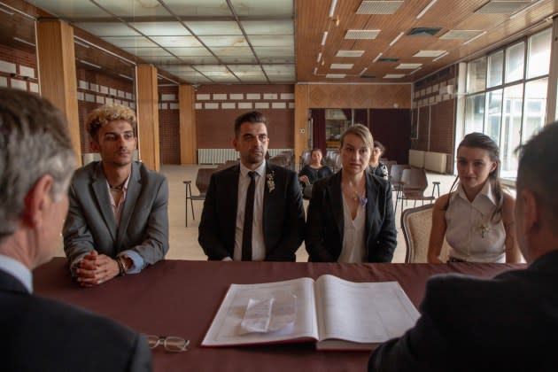 Samson Selim, Vladimir Tintor, Anamaria Marinca, and Sara Klimoska (from left) in 'Housekeeping for Beginners.' - Credit: Viktor Irvin Ivanov/Focus Features