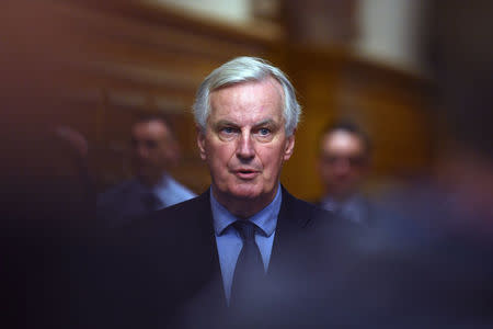 FILE PHOTO: Michel Barnier, the European Union's chief Brexit negotiator speaks to media after arriving to attend a discussion with business stakeholders and cross-border groups and companies in Londonderry, Northern Ireland, May 1, 2018. REUTERS/Clodagh Kilcoyne/File Photo