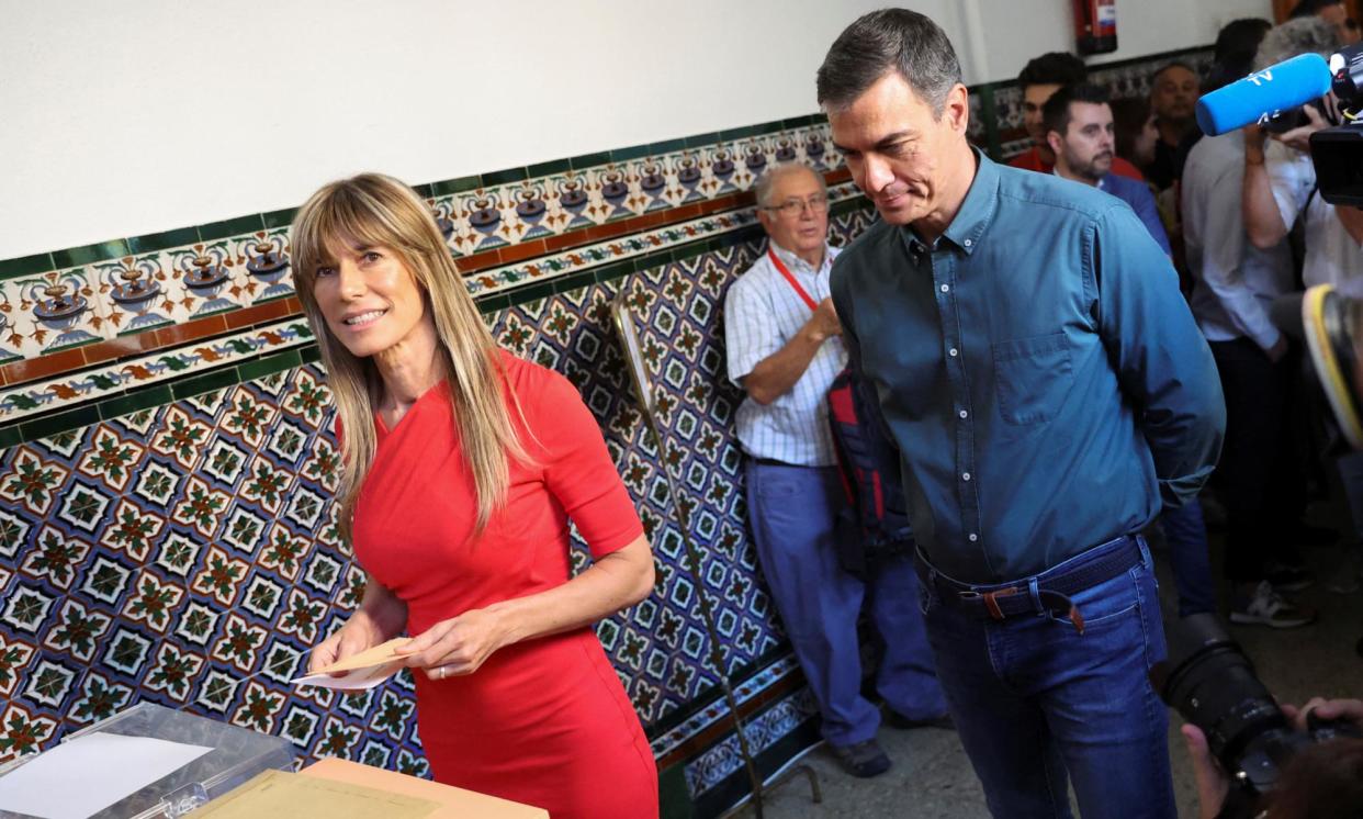<span>Begoña Gómez, left, the wife of Spanish PM Pedro Sánchez, right, has been accused of influence-peddling and corruption. </span><span>Photograph: Nacho Doce/Reuters</span>