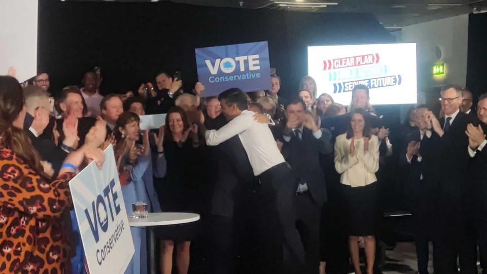 Mr Cleverly and Mr Sunak hug at the campaign launch (Barney Davis/The Independent)