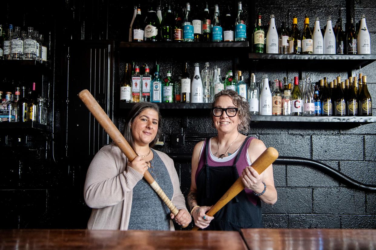 Kelly Lucy, left, and Kelly Bridges, co-owners of The Breakroom Rage Room in Asheville June 8, 2023.