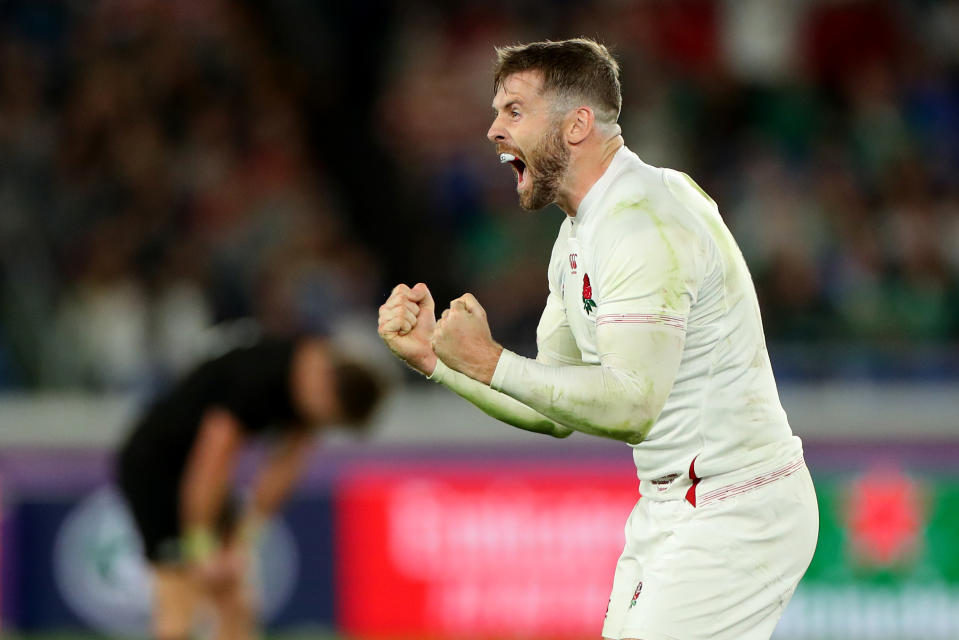 YOKOHAMA, JAPAN - OCTOBER 26: Elliot Daly of England celebrates after winning the Rugby World Cup 2019 Semi-Final match between England and New Zealand at International Stadium Yokohama on October 26, 2019 in Yokohama, Kanagawa, Japan. (Photo by Hannah Peters/Getty Images)