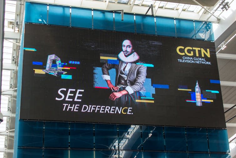 <span class="caption">Advertising banner for China Global Television Network at Heathrow Airport Terminal Five.</span> <span class="attribution"><span class="source">Mick Harper via Shutterstock</span></span>